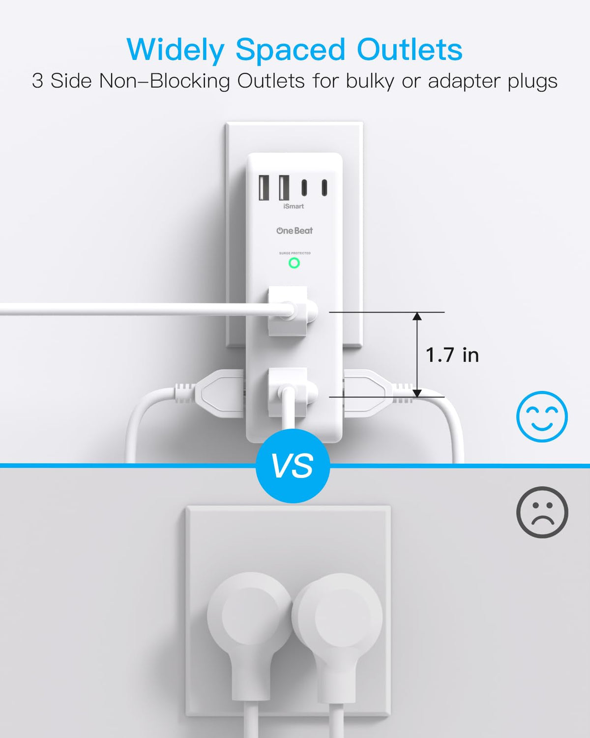 Extensor de toma de protección contra sobretensiones, con enchufe giratorio, 6 tomas de corriente alterna con 3 puertos USB (1 USB C), cargador de pared 1800J, tira de alimentación de 3 lados con