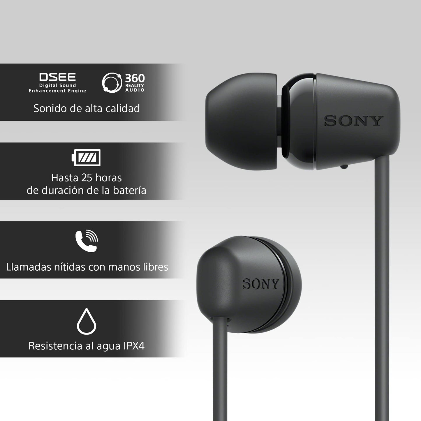 Sony WI-C100 Auriculares Inalámbricos - Hasta 25 Horas de Duración de la Batería, Micrófono Incorporado para Llamadas, Compatible con Asistentes de Voz, Conectividad Bluetooth Fiable, Negro