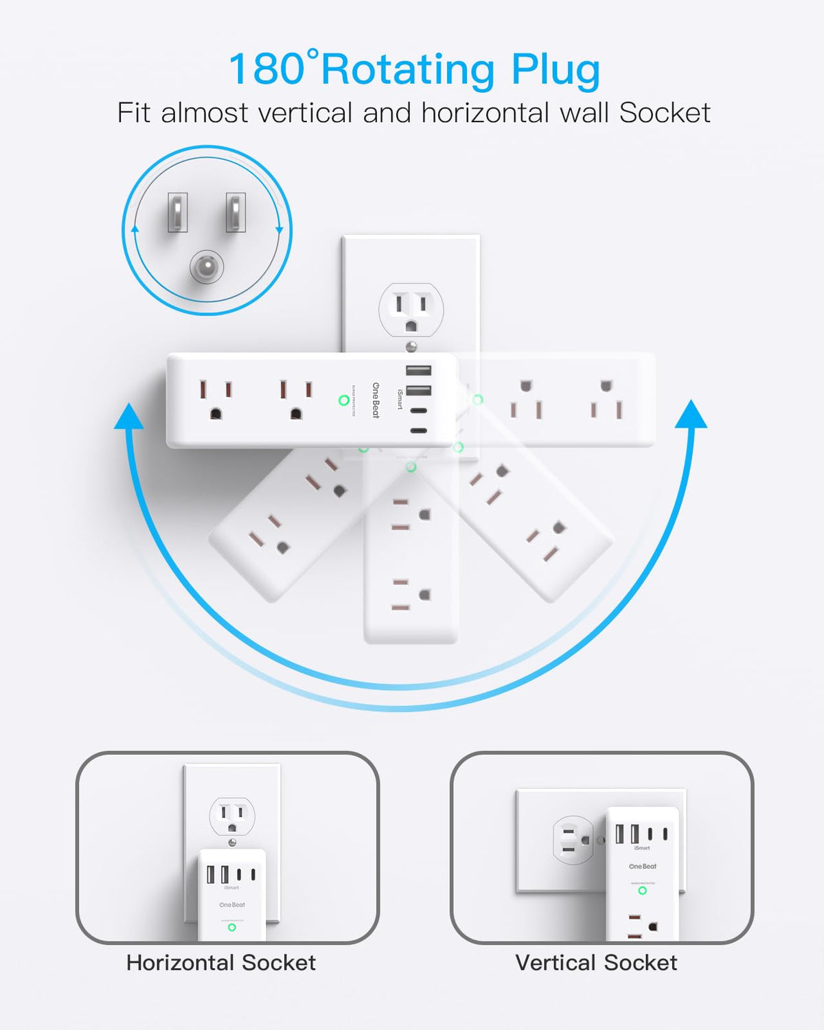 Extensor de toma de protección contra sobretensiones, con enchufe giratorio, 6 tomas de corriente alterna con 3 puertos USB (1 USB C), cargador de pared 1800J, tira de alimentación de 3 lados con