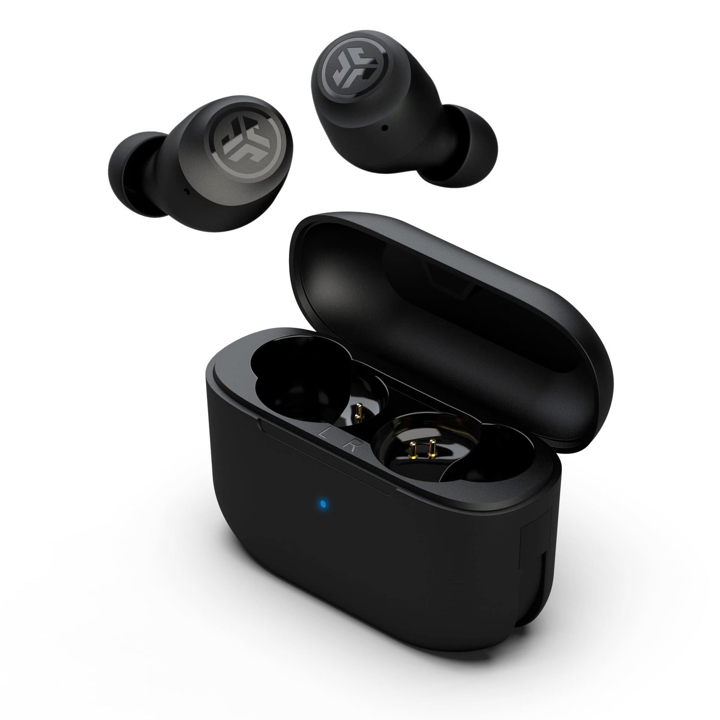 JLab Go Air Pop+ Auriculares Inalambricos Bluetooth, Wireless Earbuds 35+ Horas Rendimiento con Caja de Carga - Audifonos Bluetooth Inalambricos con Micrófono, Dual Connect, App, Negro Medianoche