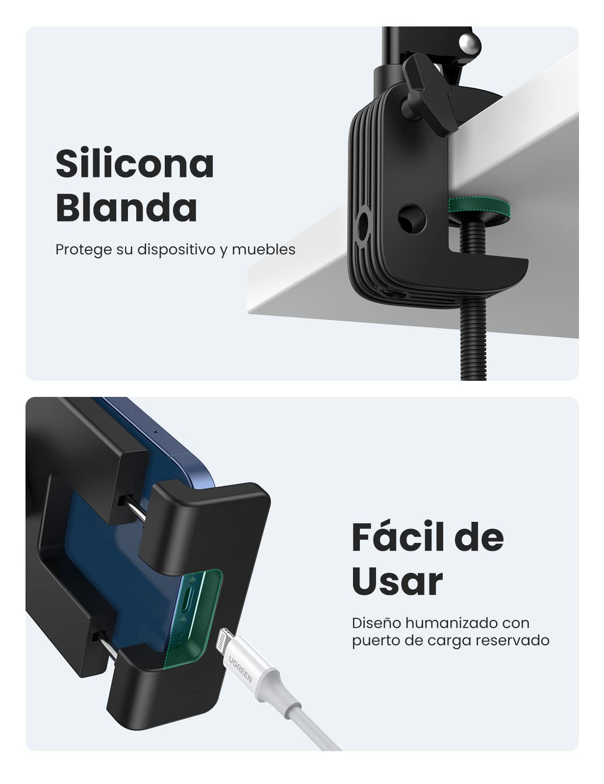 UGREEN Soporte Tablet Cama, Soporte Metálico para Movil de Mesa Brazo Articulado Multiángulo Ajustable Compatible con Tabletas de 4"-12,9" como Redmi Pad iPad iPhone 16 Galaxy Tab
