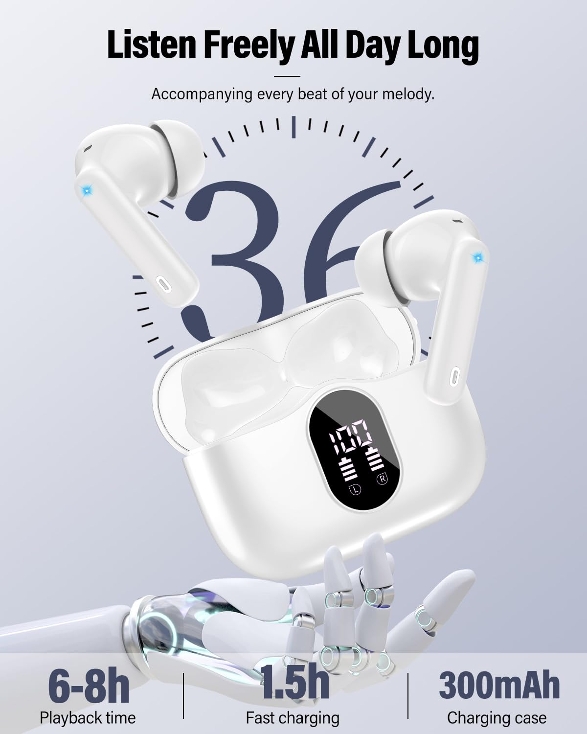 Auriculares inalámbricos, Bluetooth 5.4, estéreo de graves, auriculares con micrófono con cancelación de ruido, pantalla LED, llamadas claras, auriculares Bluetooth impermeables IP7 para laptop