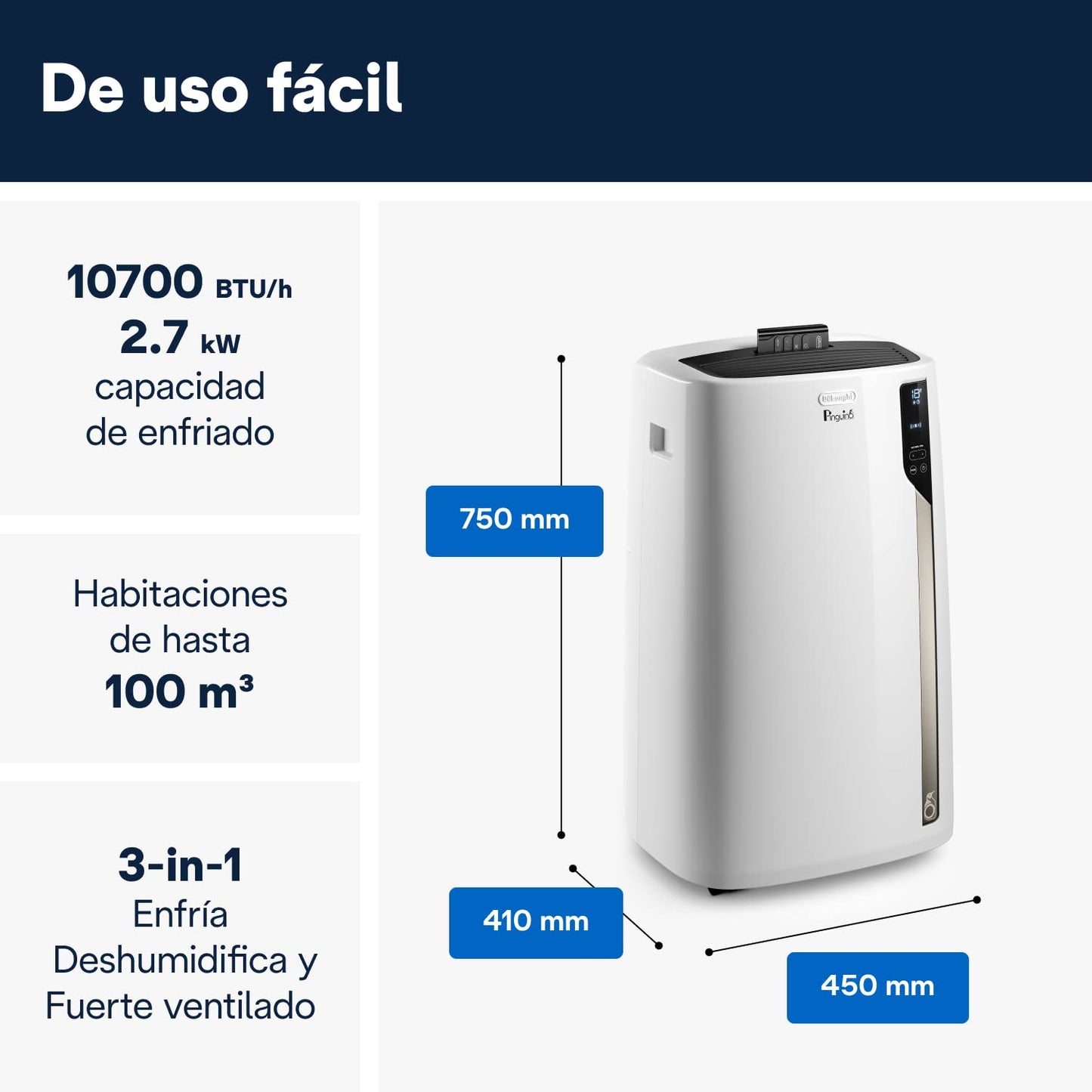 De'Longhi Pingüino PACEL98 ECO Silent Aire Acondicionado Portátil Silencioso con Tecnología Eco Real Feel, Interfaz Digital, Función Deshumidificadora, 2.7 kW, 64 dB, Plástico, Blanco, Clasa A, 100m3