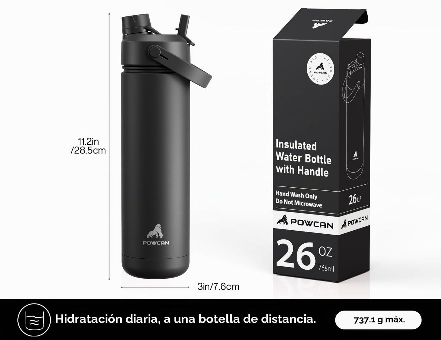 POWCAN Botella de agua térmica de 768 ml/26 oz con pajita y boquilla 2 en 1, mantiene el frío 24 horas, a prueba de fugas, se adapta al portavasos del coche, botella de acero inoxidable (Dark Knight)