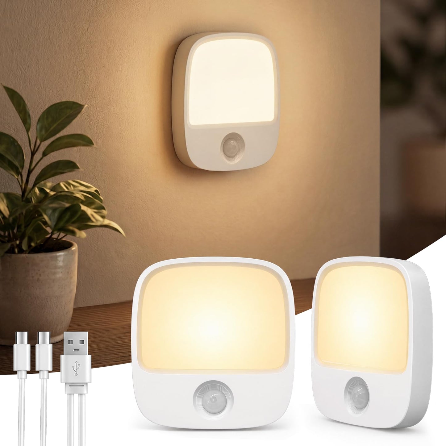 EZVALO - Paquete de 2 luces LED recargables nocturnas con sensor de movimiento, luz nocturna para bebés, luz nocturna de noche de noche de luz blanca cálida regulable para adultos, habitación de niños