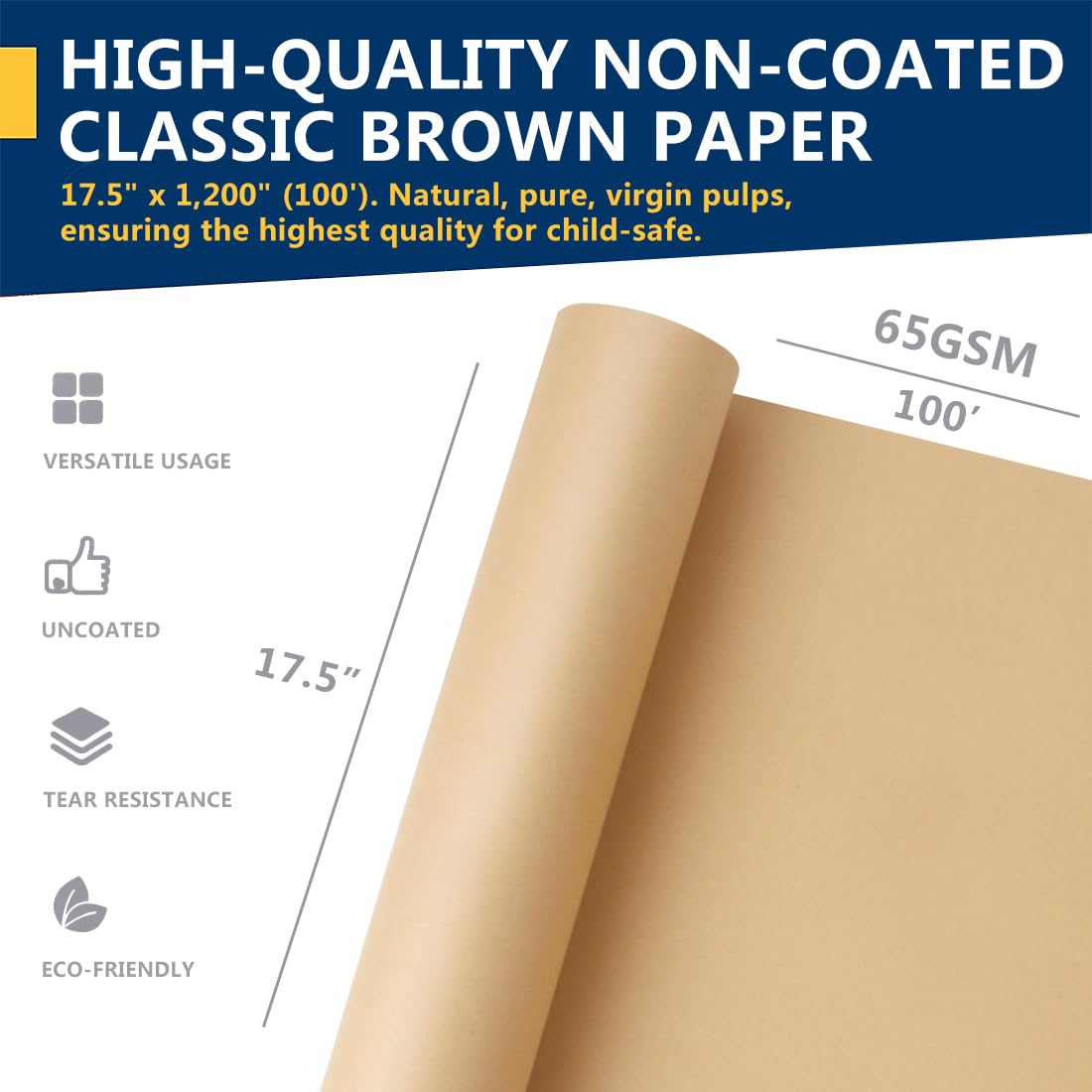 PerkHomy 17.5" x 1,200" (100') Brown Kraft Paper Roll for Gift Wrapping Bulletin Board Kids Craft Art Bouquet Flower Packing Moving Shipping Floor Covering Table 70GSM 50LB (Brown, 17.5" x 100')