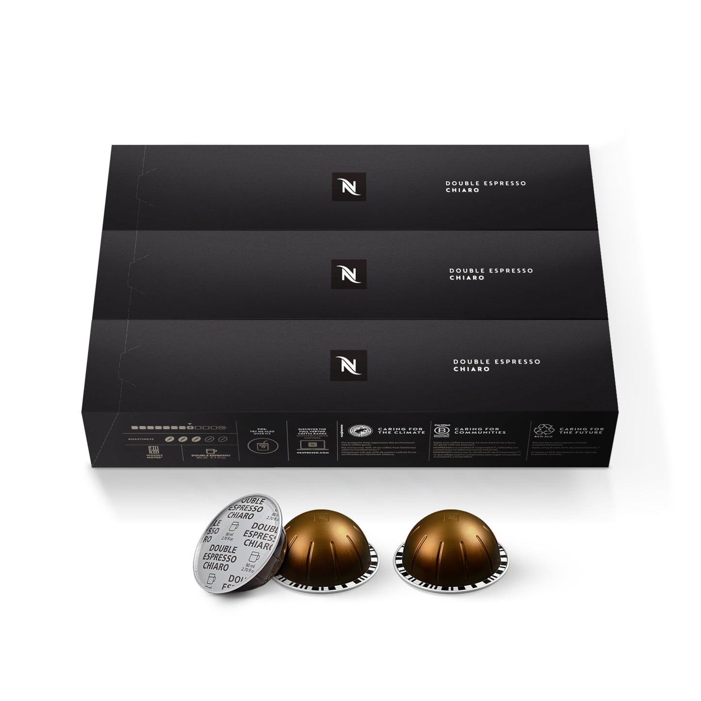 Nespresso Capsules VertuoLine, Double Espresso Chiaro, Medium Roast Espresso Coffee, 30 Count Coffee Pods, Brews 2.7oz