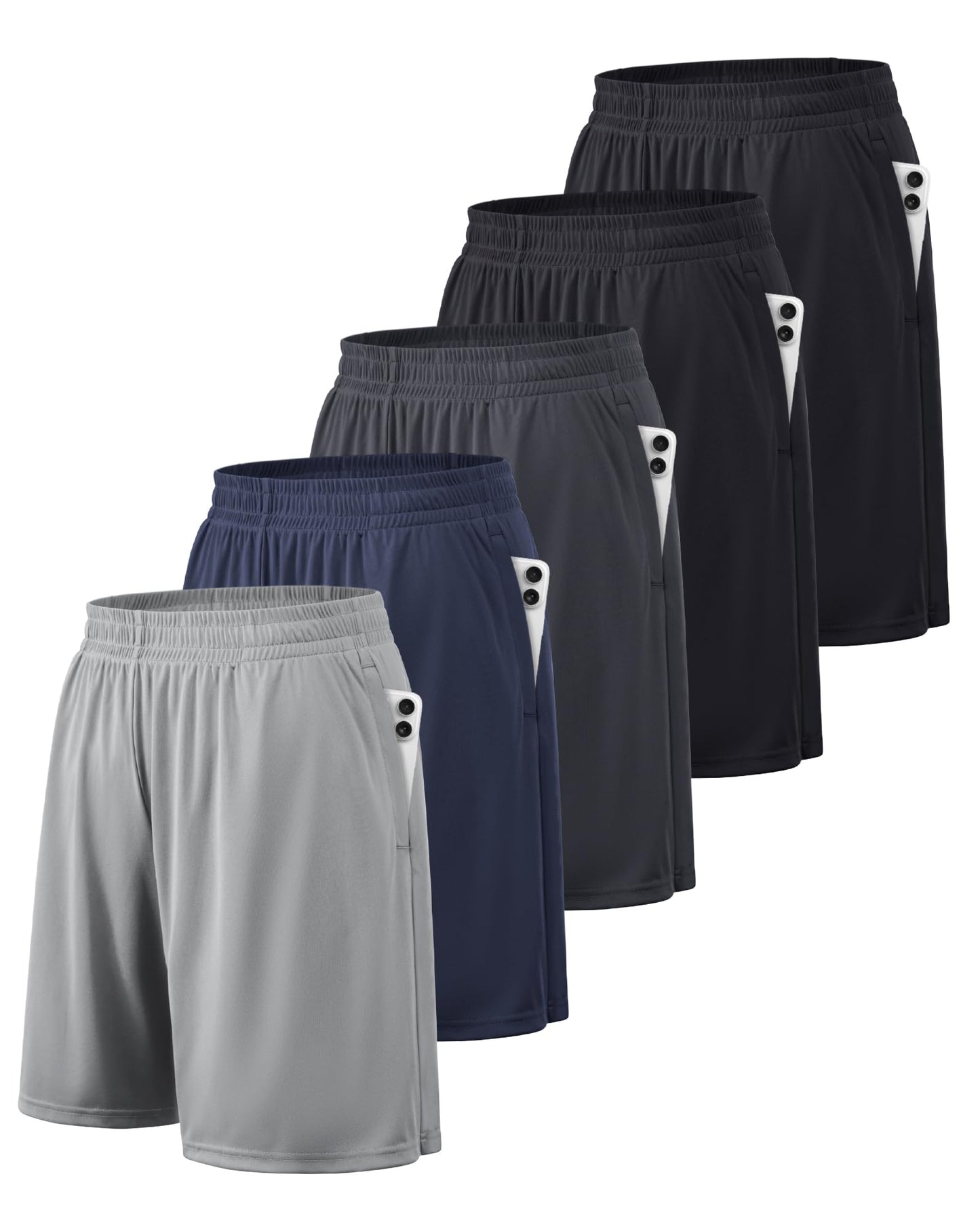 BALENNZ Pantalones Cortos Deportivos para Hombre con Bolsillos y Cintura elástica, Ropa Deportiva de Secado rápido, Paquete de 5 Unidades, Negro, Azul Marino, Gris Oscuro, Gris Claro, Large