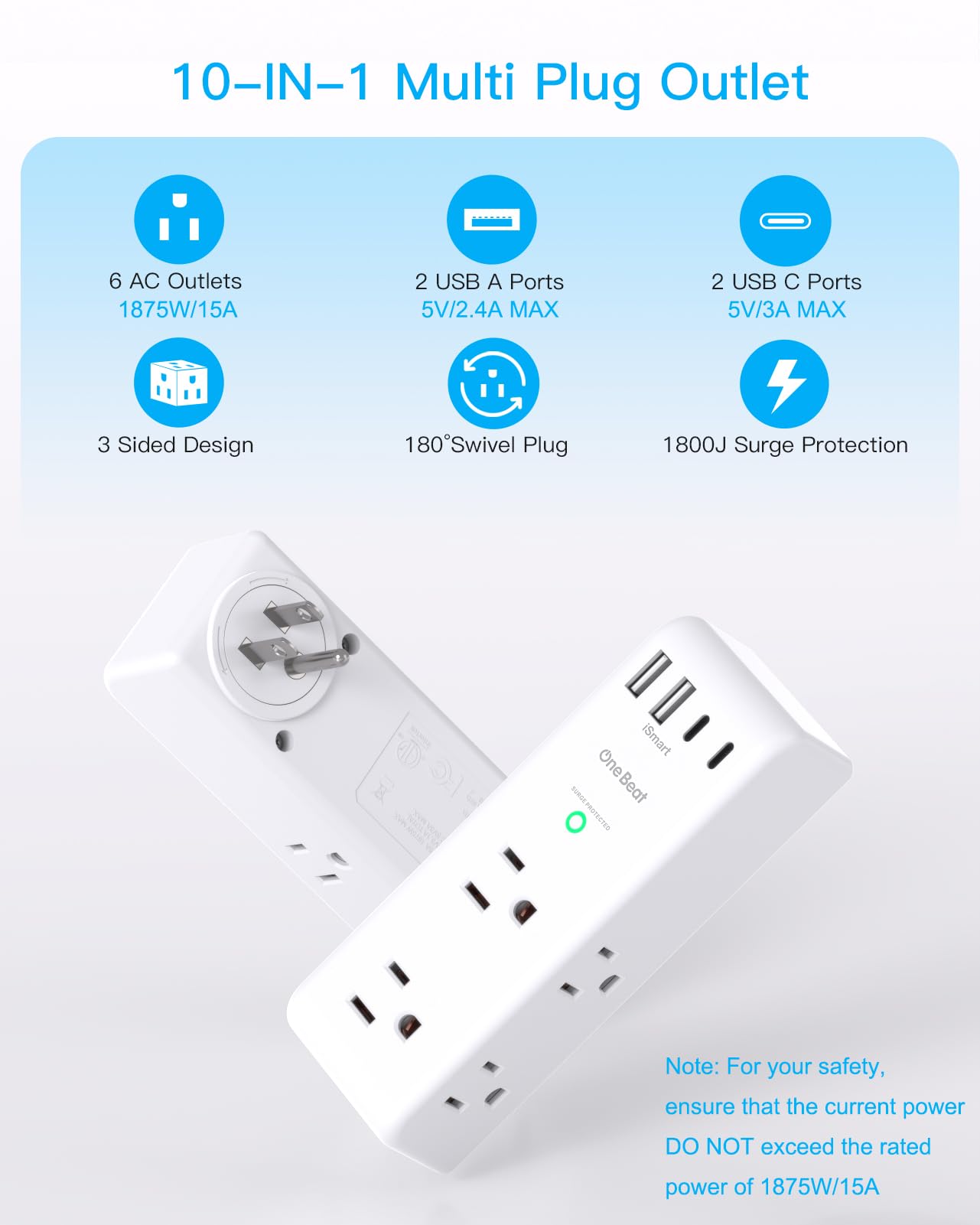 Extensor de toma de protección contra sobretensiones, con enchufe giratorio, 6 tomas de corriente alterna con 3 puertos USB (1 USB C), cargador de pared 1800J, tira de alimentación de 3 lados con