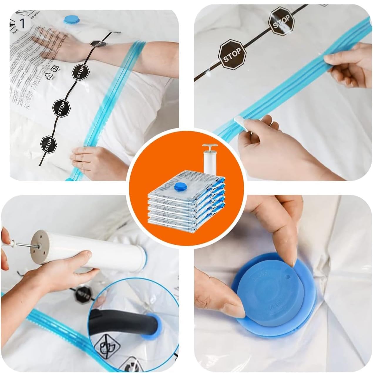 Amazon Basics bolsas de vacío para almacenamiento, incluyen boca para aspirador, 12 Unidad, 3 extragrandes, 3 grandes, 3 medianas y 3 pequeñas, Cremallera, Blanco