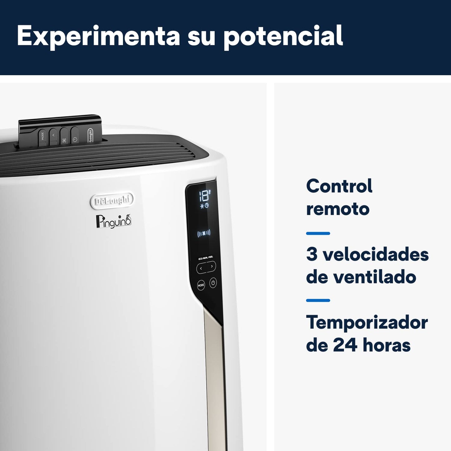 De'Longhi Pingüino PACEL98 ECO Silent Aire Acondicionado Portátil Silencioso con Tecnología Eco Real Feel, Interfaz Digital, Función Deshumidificadora, 2.7 kW, 64 dB, Plástico, Blanco, Clasa A, 100m3