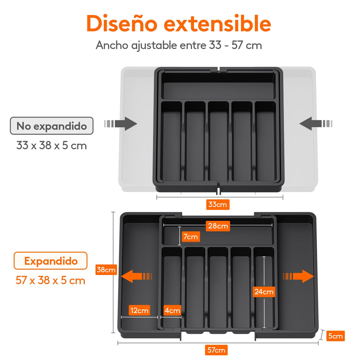 Lifewit Organizador de Cubiertos para Cajón Cocina, Bandeja para Menaje Extensible, Cubertero Compacto para Almacenar Cucharas, Tenedores y Cuchillos, Ancho 33-57 x Fondo 38 cm, Lote 1, Negro