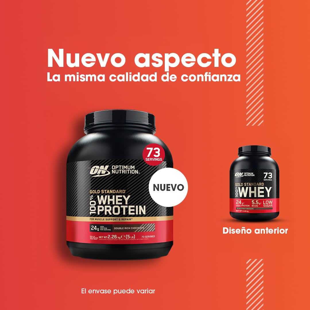 Optimum Nutrition Gold Standard 100% Whey, Proteína en Polvo, Sabor Doble Chocolate Rico, 2.26kg, 73 Servicios, Paquete Puede Variar