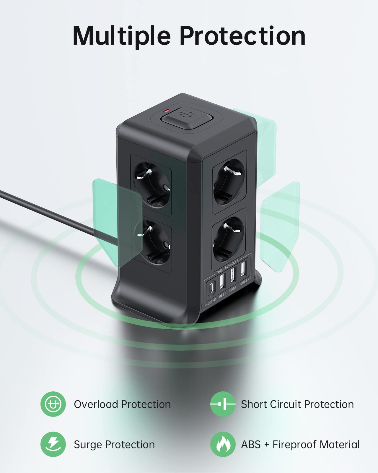 Torre Regletas Enchufes, Regleta USB 8 Tomas de AC y 4 USB Enchufe Multiple,Regleta Enchufes Proteccion Sobretension, 2 M Regreltas Vertical con Interruptor para Mesa, Oficia, Casa, Negro