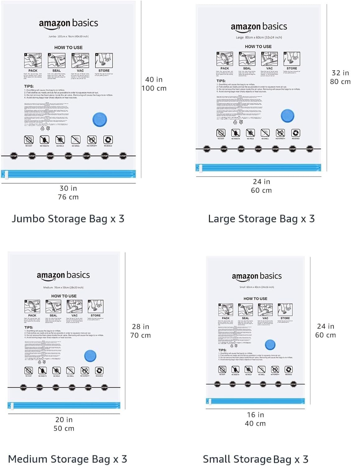 Amazon Basics bolsas de vacío para almacenamiento, incluyen boca para aspirador, 12 Unidad, 3 extragrandes, 3 grandes, 3 medianas y 3 pequeñas, Cremallera, Blanco