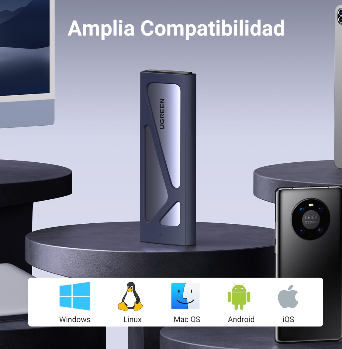 UGREEN Carcasa M.2 NVMe, Caja SSD M2 con UASP USB C 3.2 Gen 2 10Gbps para M/ B+M Key 2230/2242/2260/2280, con Cable Type C y A