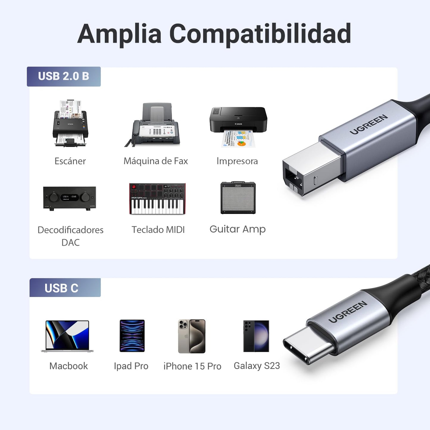 UGREEN Cable de Impresora USB C a Tipo B 2.0 Compatible con MacBook Pro, iPad, ASUS, HP, Epson, Brother, Lexmark, Canon (2 Metros)