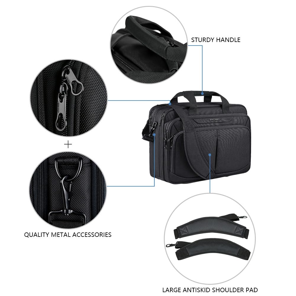 KROSER Maletín ligero para laptop de 17.1 pulgadas, impermeable, con bolsillos RFID, para escuela, mujeres y hombres, Negro-17.3 pulgadas, 17.3"