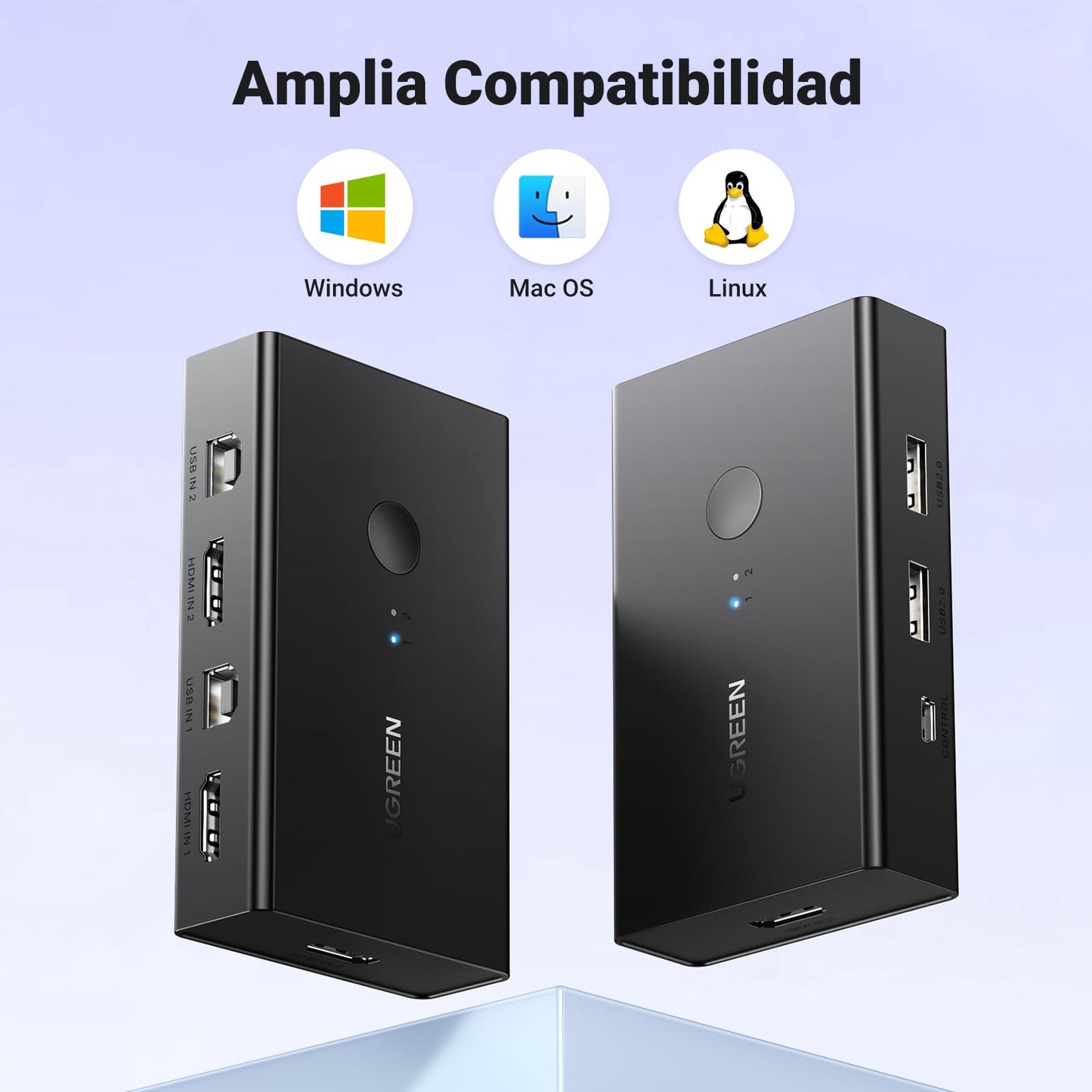 UGREEN KVM HDMI Switch 4K 60Hz 2 Entradas a 1 Salida 2 PC Comparten 1 Pantalla y 4 Puertos USB 2.0 Comutador con Control de Escritorio y Cable para Teclado Mouse Impresora USB Stick