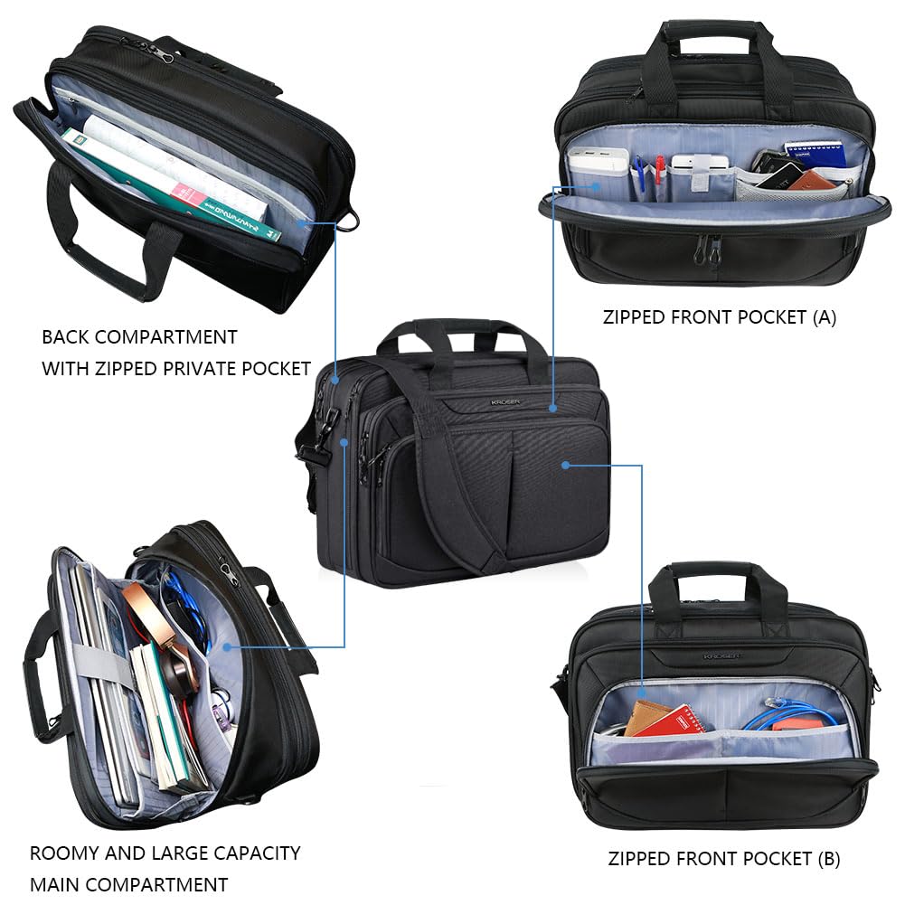 KROSER Maletín ligero para laptop de 17.1 pulgadas, impermeable, con bolsillos RFID, para escuela, mujeres y hombres, Negro-17.3 pulgadas, 17.3"
