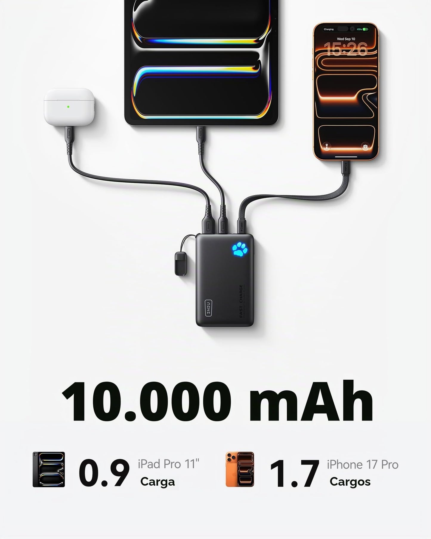 INIU Cargador portátil, Slimmest 10000mAh 22.5W PD Power Bank, USB C in&Out Fast Charging Battery Pack, External Phone Powerbank Compatible with iPhone 16 15 14 13 Samsung S22 S21 Google iPad etc