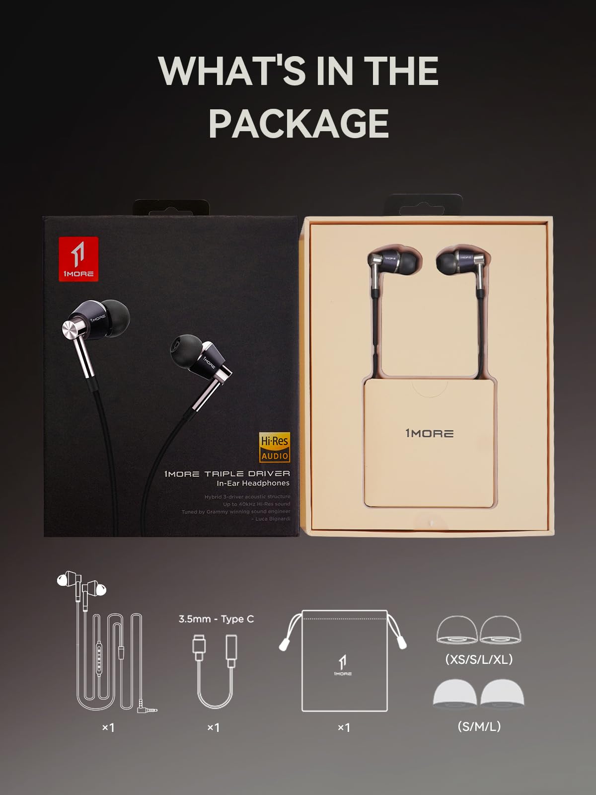 1MORE E1001 Ecouteur intra-auriculaire (couleur argent) très haute résolution triple driver (transducteur) - Casque avec microphone intégré et bouton télécommande multifonctions pour iOS et Android