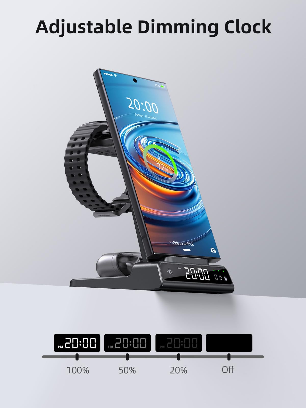 Cargador Inalambrico para Samsung, 3 in 1 Wireless Charger para Samsung für Galaxy S25 Ultra/S24/Z Fold 6/Z Flip 6, Base de Carga con Reloj Digital para Galaxy Watch Ultra/7/6, Galaxy Buds Pro 2