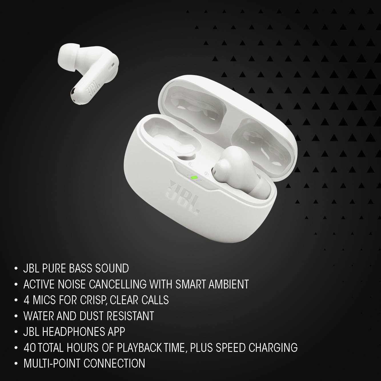 JBL Vibe Beam 2 - Auriculares inalámbricos con cancelación de ruido, sonido de graves puros y tecnología ambiental inteligente, 4 micrófonos para llamadas nítidas y claras, hasta 40 horas de