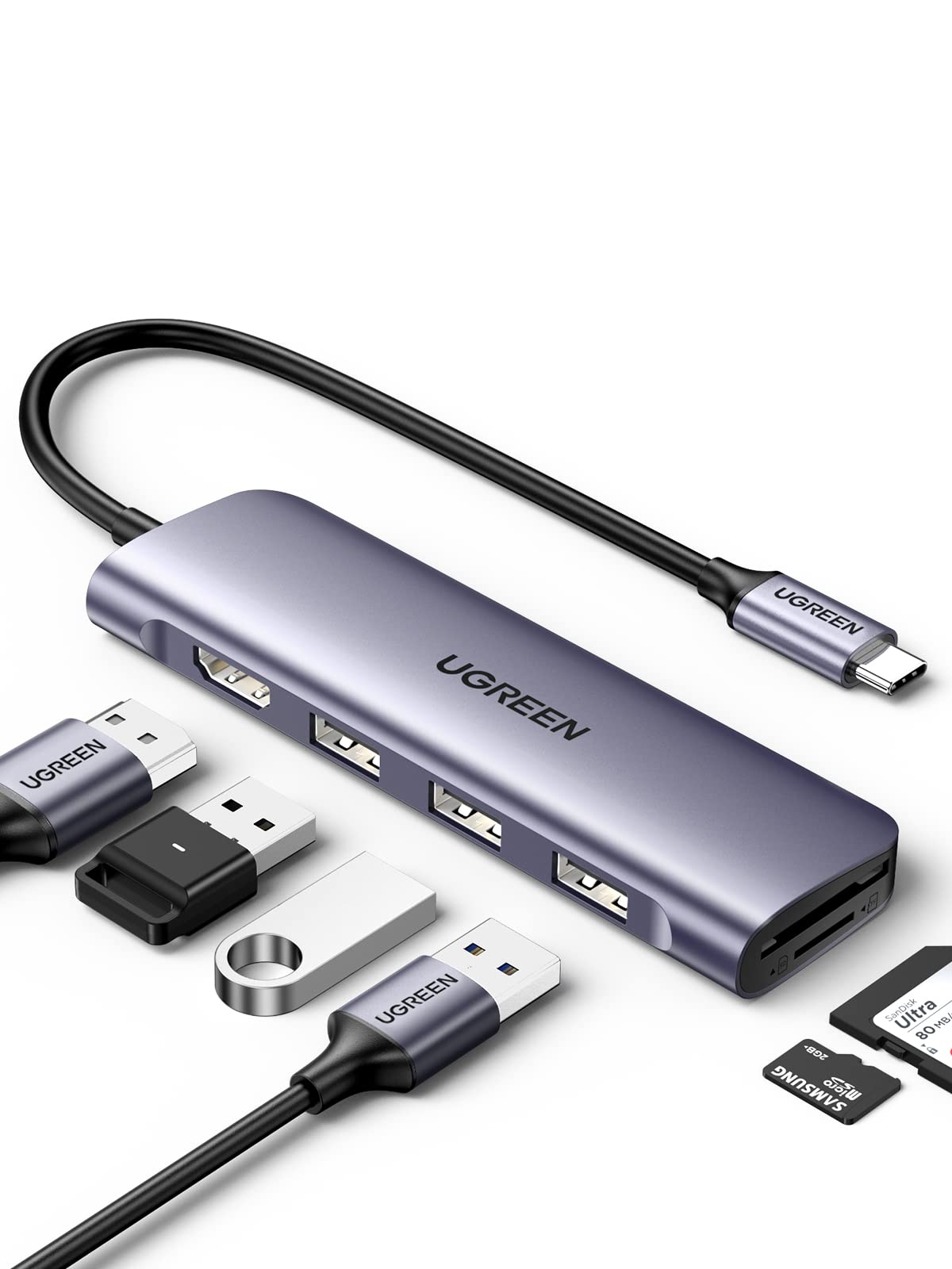 UGREEN USB C Hub, USB C HDMI adaptador 6 en 1 tipo C Hub con 4K USB C a HDMI, SD TF Card Reader, 3 puertos USB 3.0 para MacBook Pro 2019/2018/2017, Galaxy Note 10 S10 S9 S8 Plus, Chromebook, XPS Aluminio