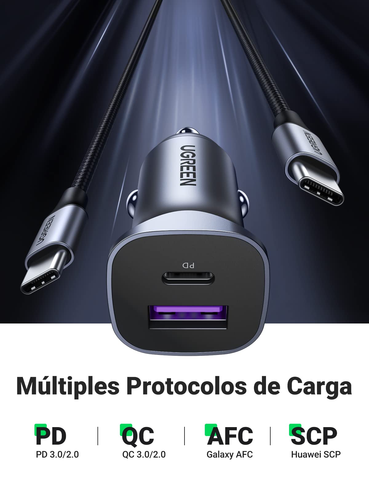 UGREEN 30W Cargador Coche USB C con Cable 1M Carga Rápida PD QC 3.0 PPS