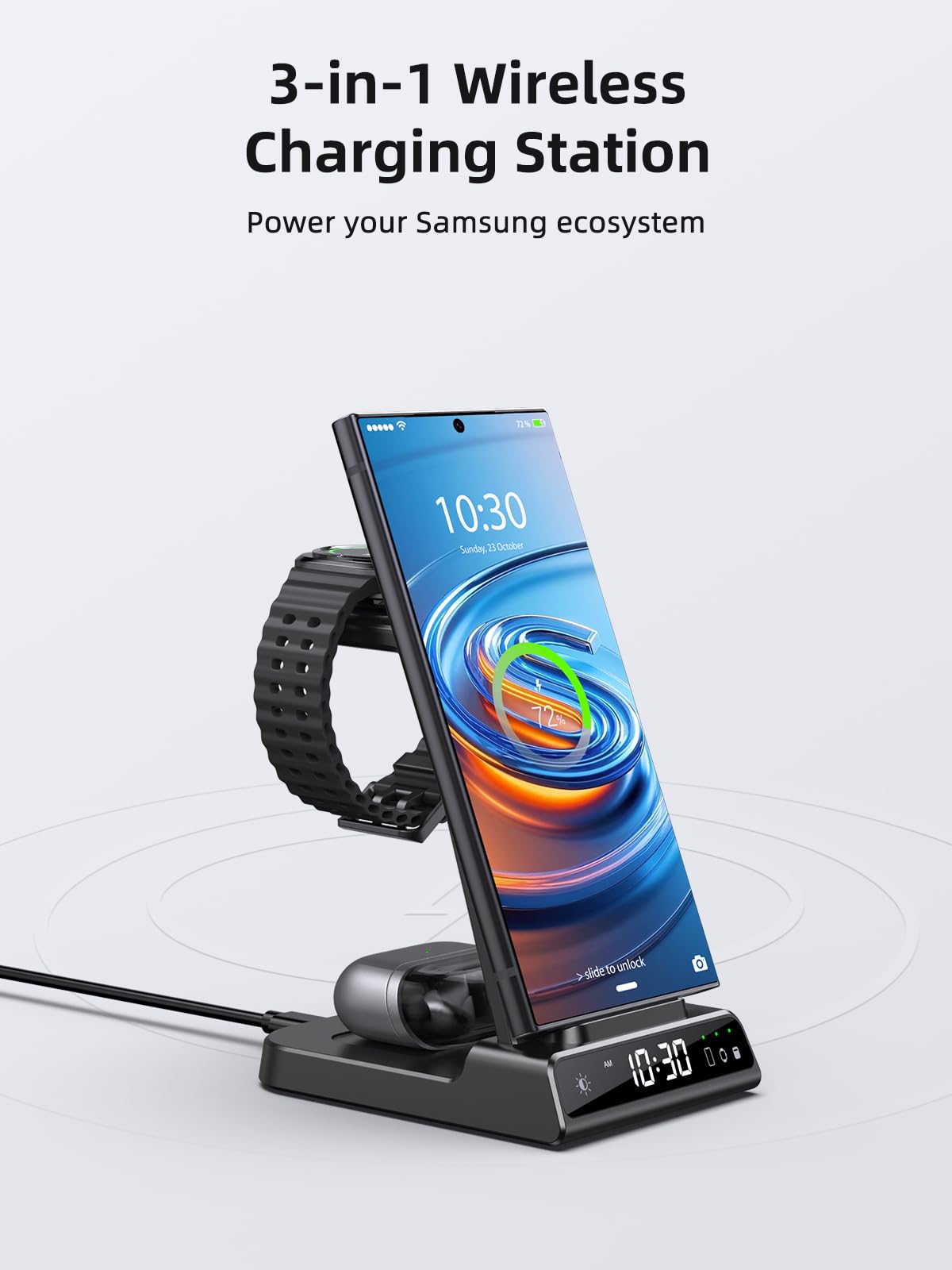 Cargador Inalambrico para Samsung, 3 in 1 Wireless Charger para Samsung für Galaxy S25 Ultra/S24/Z Fold 6/Z Flip 6, Base de Carga con Reloj Digital para Galaxy Watch Ultra/7/6, Galaxy Buds Pro 2
