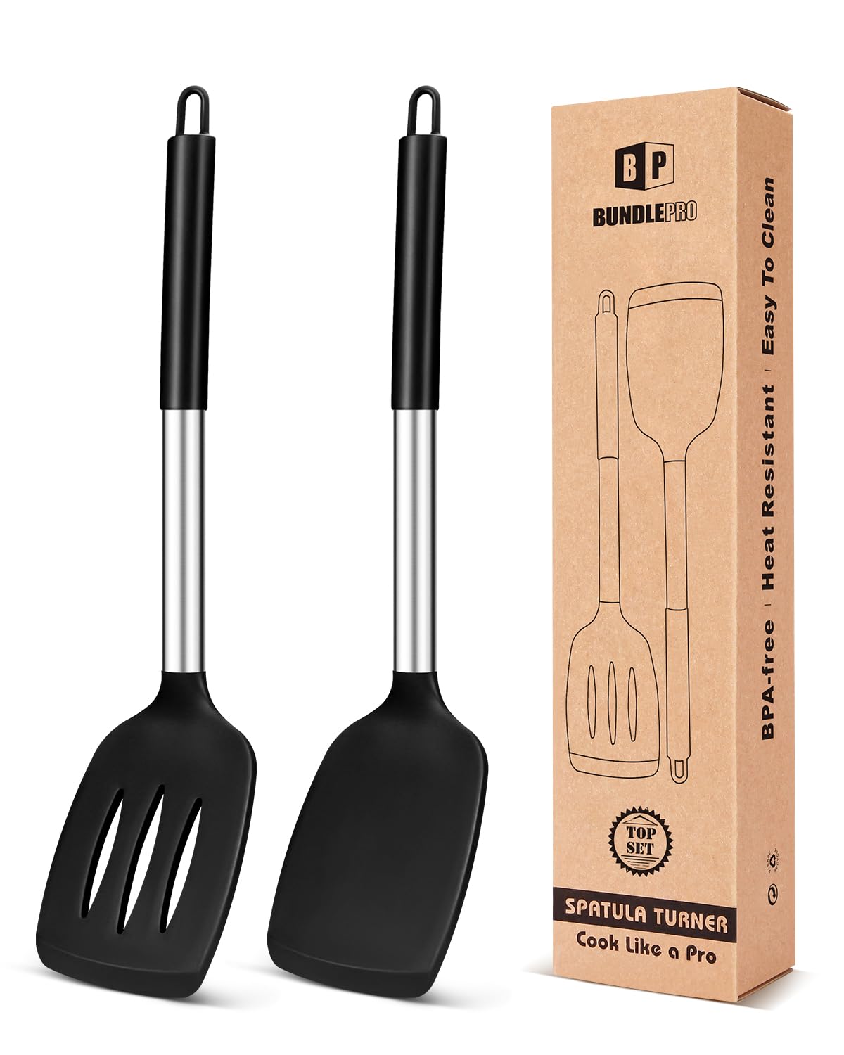 Juego de 2 Espátulas de Silicona, Espátula Antiadherentes Resistente al Calor, Utensilios de Cocina para Servir, Freir, Cocinar Huevos, Peacado, Verduras, Steak, Tortitas（Negro）