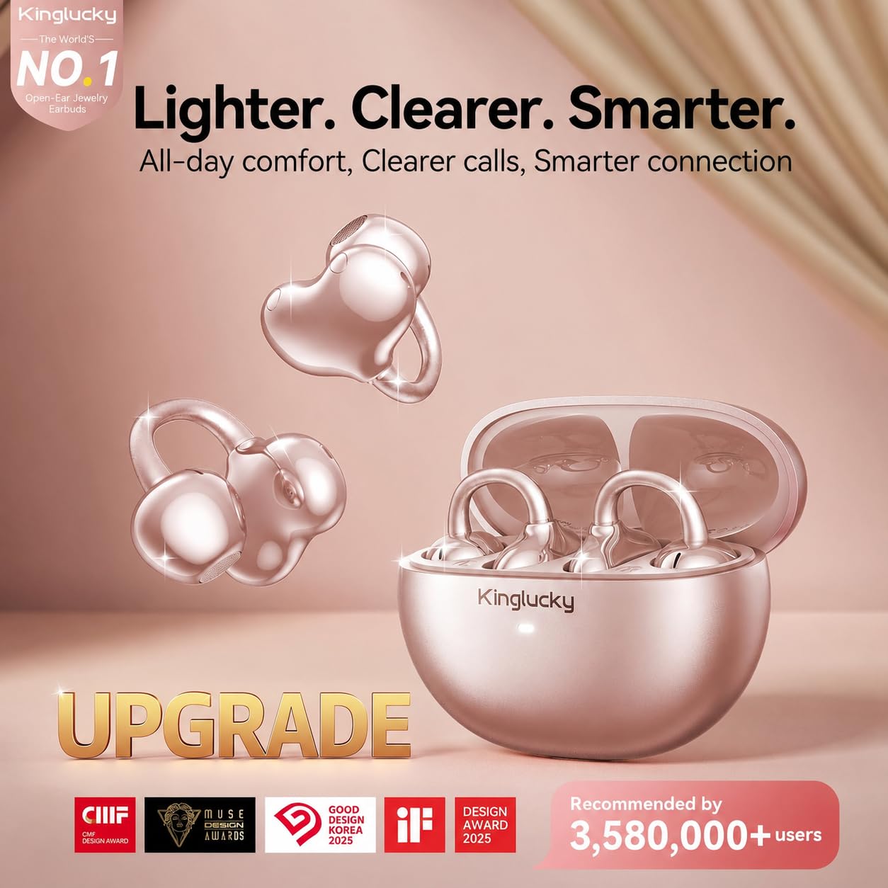Kinglucky ClipFree - Auriculares de oreja abierta, diseño inspirado en joyas, elegante y cómodo, ajuste de clip, auriculares inalámbricos Bluetooth 5.4 para mujer, batería de larga duración, ideal