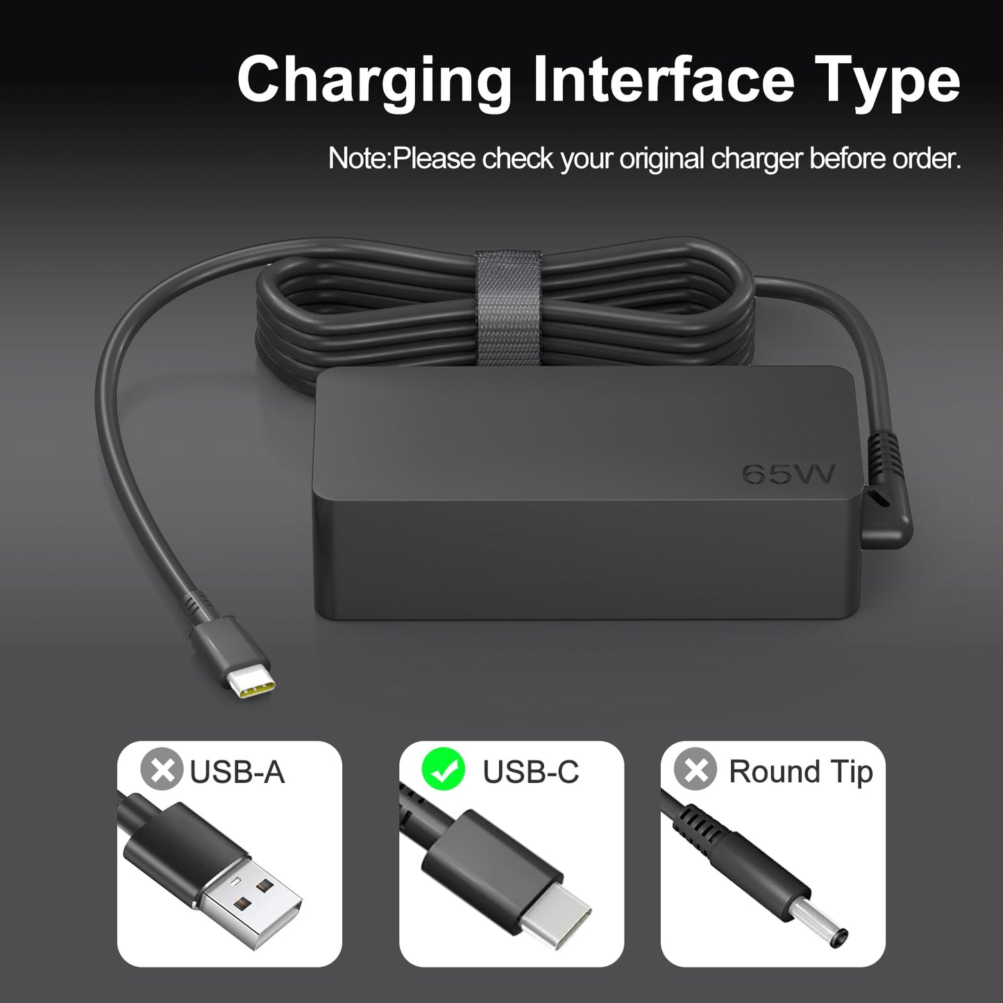 USB-C 65W 45W AC Replacement Charger fit for Lenovo ThinkPad T480 T490 T580 ADLX65YDC2A ADLX65YLC2D ADLX65YDC3A ADLX65YDC2D chromebook 2nd Gen S330 65W Laptop Power Supply Adapter Cord