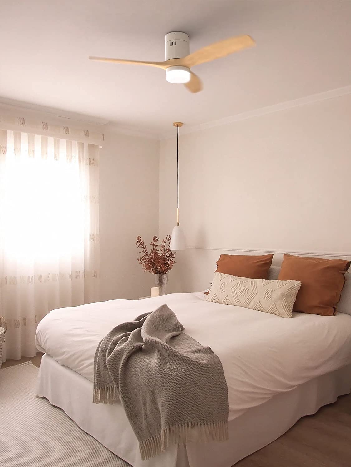 CREATE/WINDCALM/Ventilador de techo ABS con luz blanco aspas efecto madera clara y mando / 40W, Silencioso, Ø132 cm, 6 velocidades, 3 temperaturas de luz, temporizador, función verano-invierno