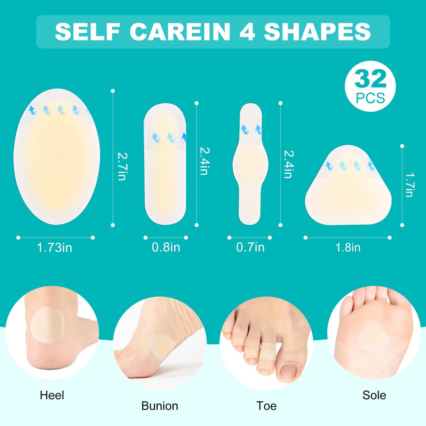 32 vendas hidrocoloides para pies, impermeables, almohadillas de gel para talón y dedos, almohadillas de ampollas para prevención y recuperación más rápida (paquete de 32 unidades)