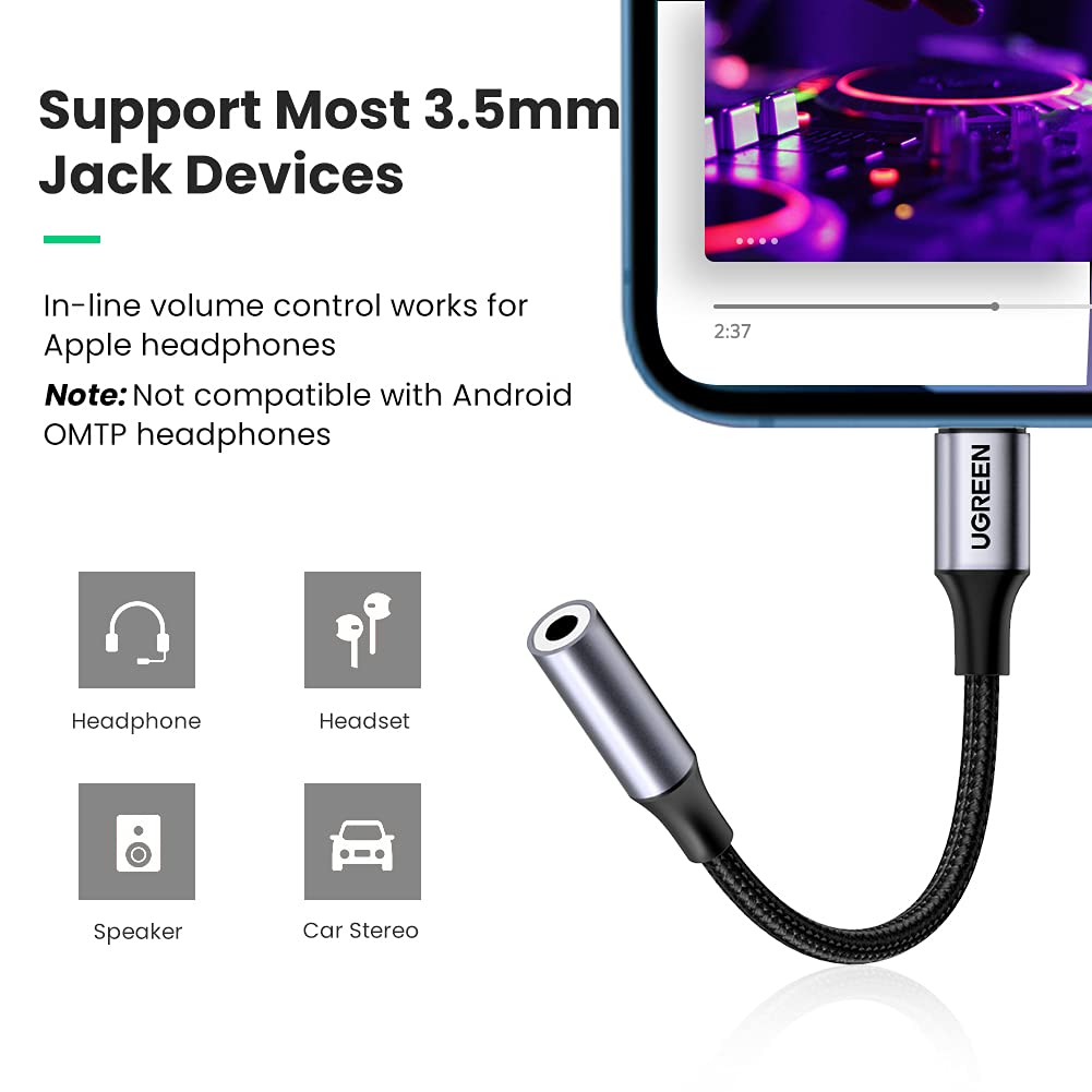UGREEN - Adaptador de Auriculares para Apple, MFi Certificado iPhone Lightning a Conector de 3,5 mm para iPhone 12 Mini 12 Pro MAX 11 Pro MAX X XR XS, iPhone 7 7P 8 8P (Gris)