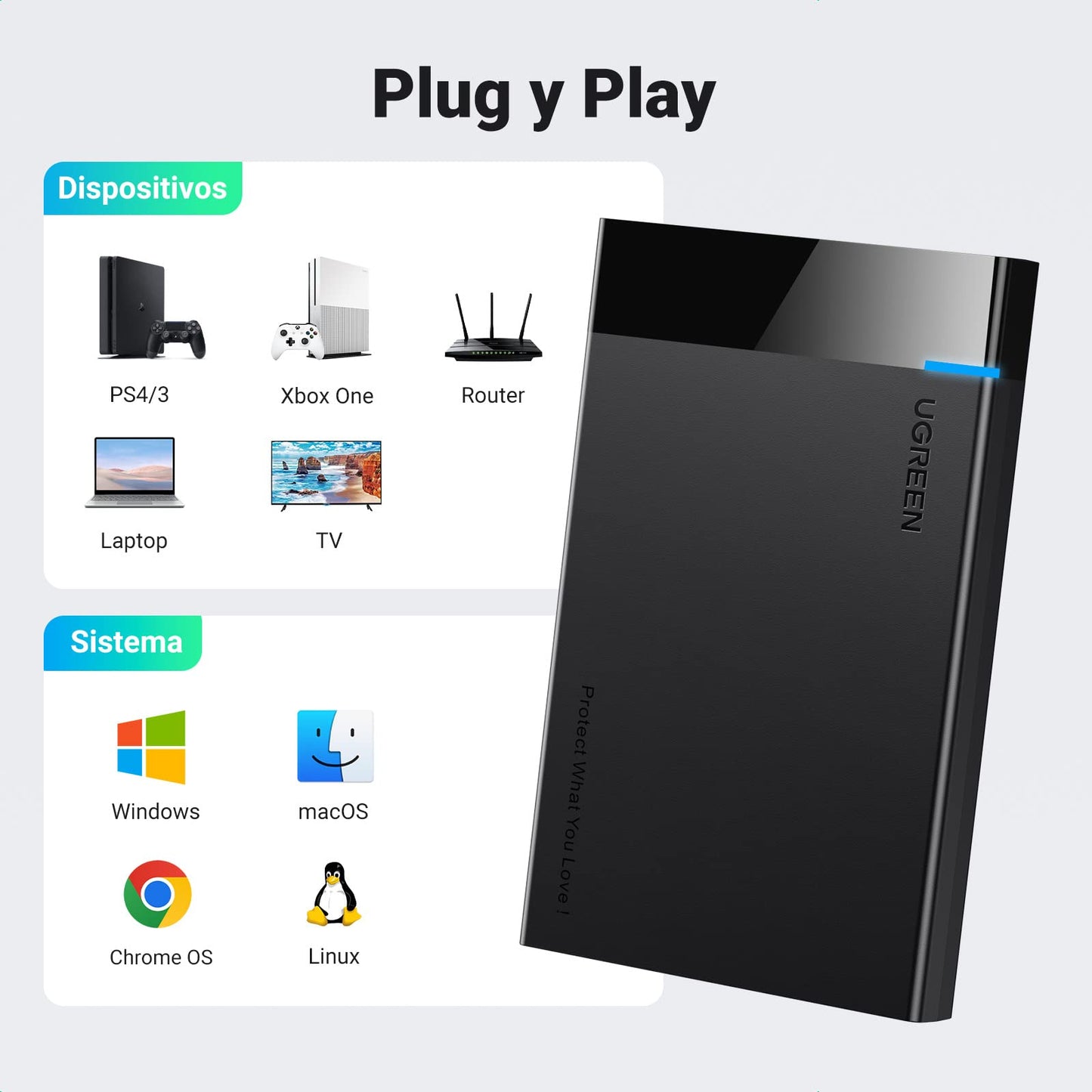 UGREEN Carcasa Disco Duro 2.5" USB 3.0 con UASP Caja 2,5 HDD SSD SATA I/II/III de 7mm 9.5mm, 6TB MAX Compatible con MacBook, Xbox X/S, PS4, TV con Cable