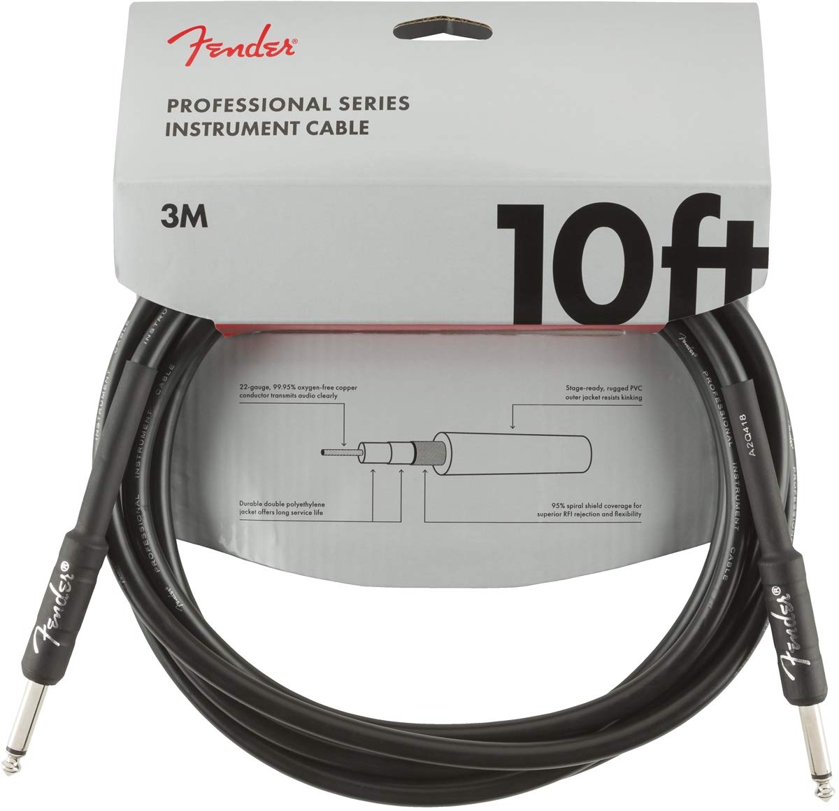 Fender Professional Series Cable de Instrumento para Guitarra, 3m, Recto/Recto, Negro