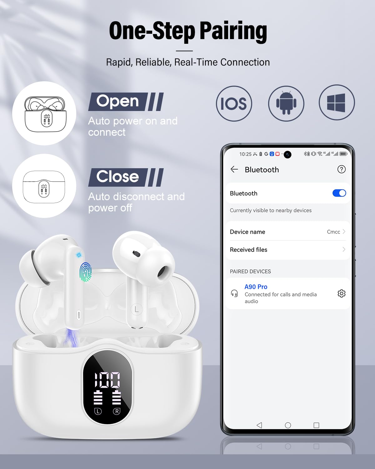 Auriculares inalámbricos, Bluetooth 5.4, estéreo de graves, auriculares con micrófono con cancelación de ruido, pantalla LED, llamadas claras, auriculares Bluetooth impermeables IP7 para laptop