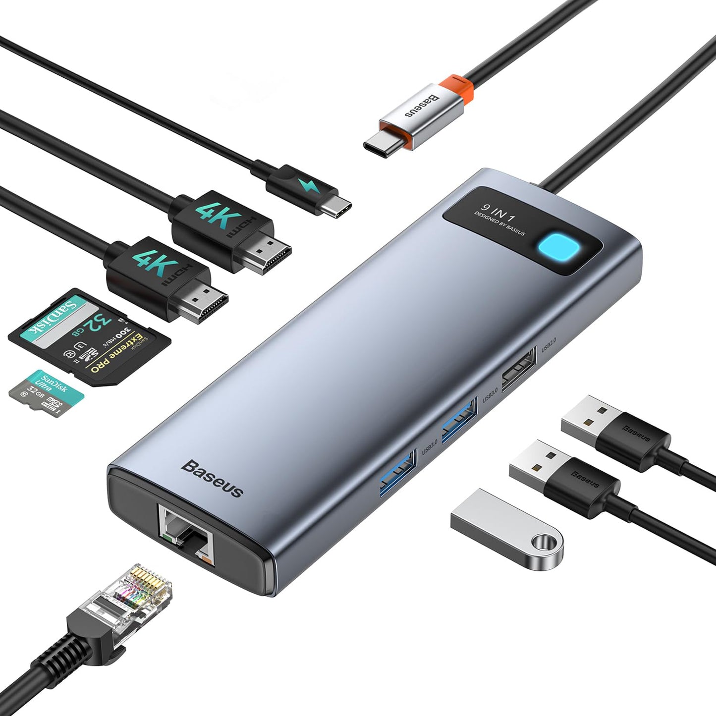 Baseus Estación de acoplamiento para portátil con monitor dual 4K a 120Hz, concentrador USB C 9 en 1 con 2 HDMI, LAN de 1000 Mbps, PD máximo de 85 W, 3 USB, lector de tarjetas SD, base USB C