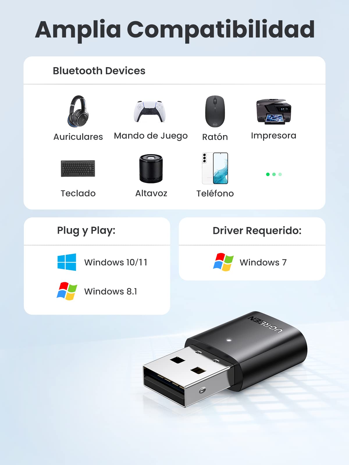UGREEN USB Bluetooth 5.0 Adaptador diseñado para PC Portátil Windows 11 10 8.1 7, A2DP Dongle con Conectar a Mando Auricular Teclado Ratón Altavoz Móvil(Negro)