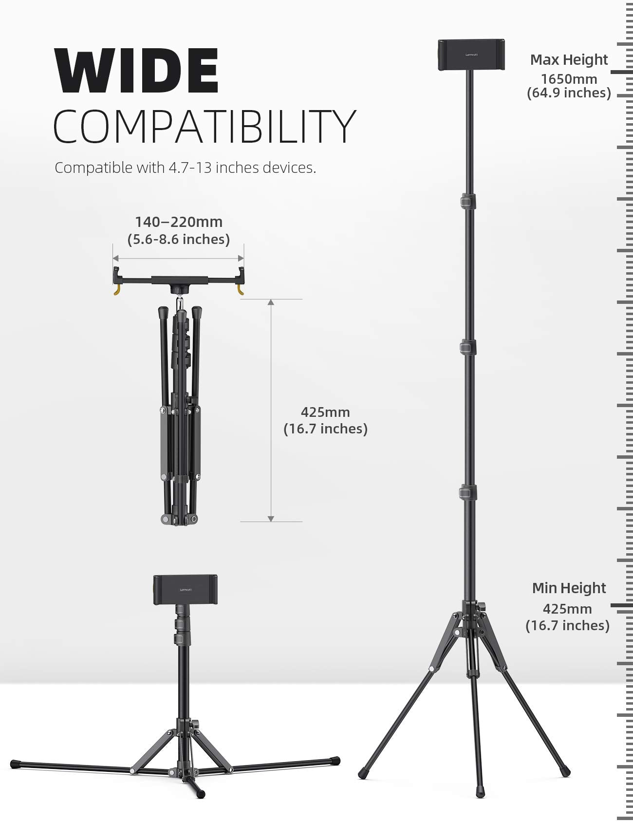 Lamicall Soporte de trípode de suelo para tableta, soporte para tablet de 65 pulgadas con altura ajustable para transmitir/ver con control remoto Bluetooth, para iPad Pro 12.9, Mini, Air, iPhone y