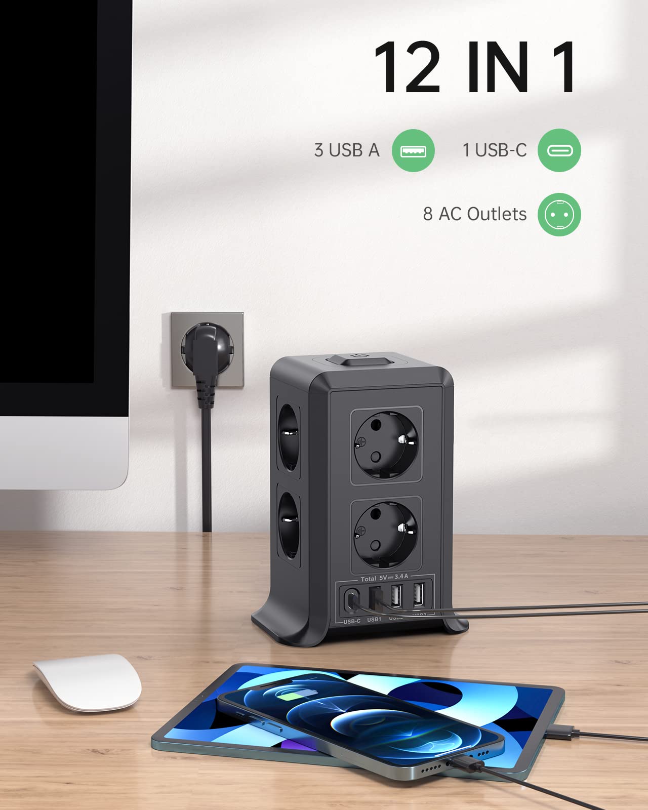 Torre Regletas Enchufes, Regleta USB 8 Tomas de AC y 4 USB Enchufe Multiple,Regleta Enchufes Proteccion Sobretension, 2 M Regreltas Vertical con Interruptor para Mesa, Oficia, Casa, Negro