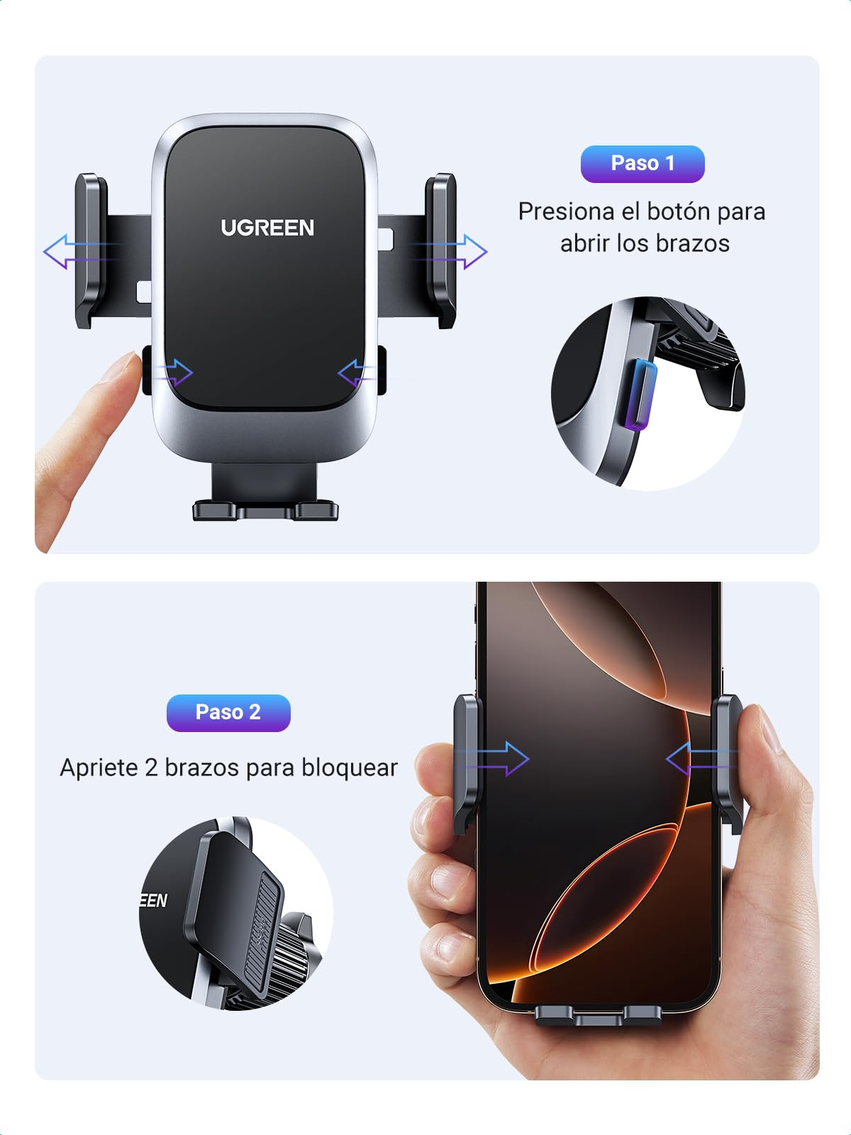 UGREEN Soporte Universal para teléfono de Coche, Soporte Universal para teléfono móvil Compatible con iPhone 16, 15, 14, 13, 12, 11 Pro MAX, Galaxy S24 Ultra