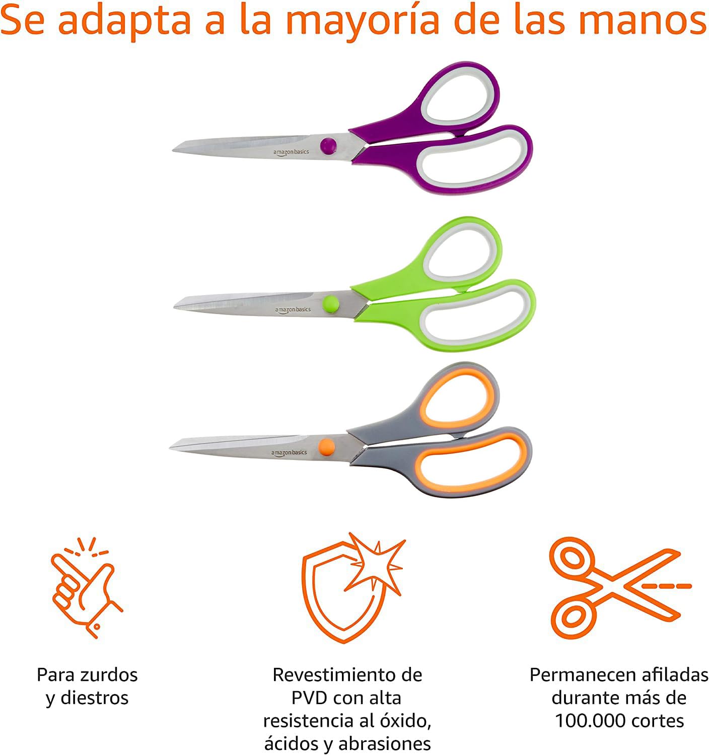 Amazon Basics Tijeras de acero inoxidable, cómodas, multifuncionales, multiusos, recubiertas de PVD, paquete de 3, oficina, hogar, cocina, multicolor
