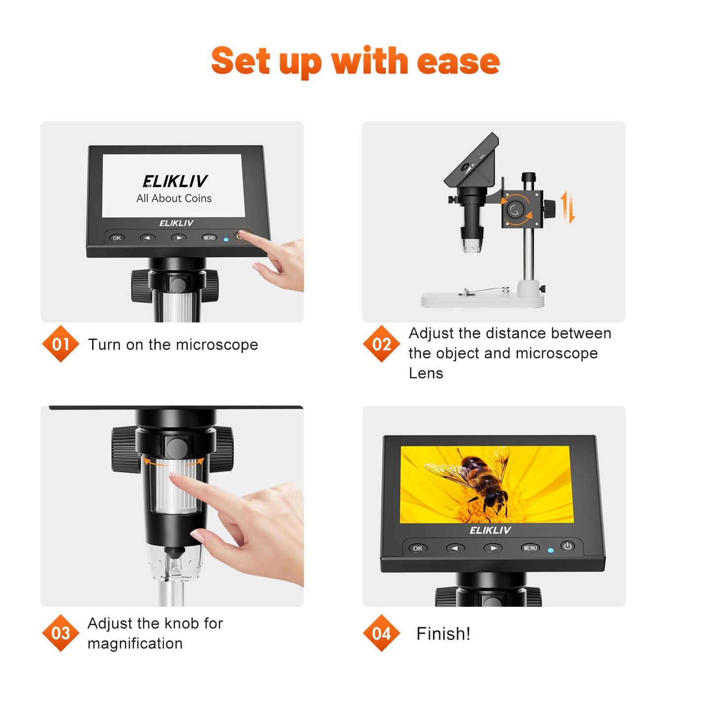 Elikliv Microscopio Digital LCD para Monedas 1000x, Lupa con 8 Luces LED Ajustables, Vista PC Compatible con Windows, EDM4, 4,3 Pulgadas