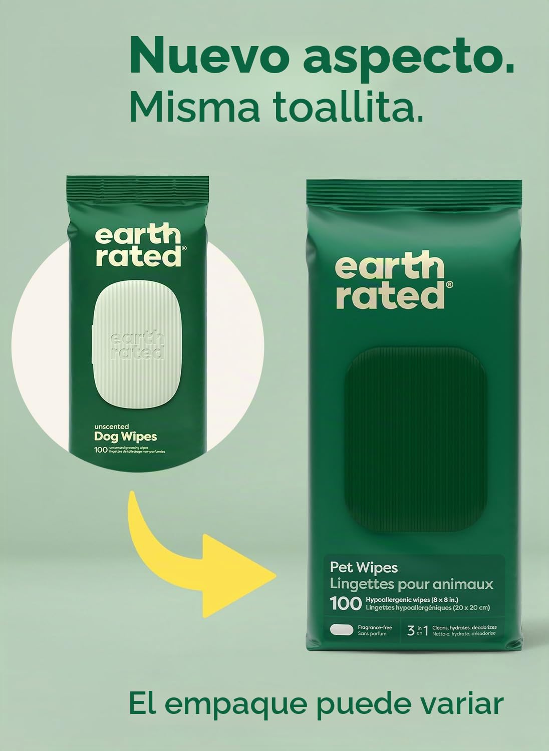 Earth Rated Toallitas hipoalergénicas para Perros, para Limpiar y Eliminar olores de Patas, Cuerpo y Trasero, Cachorros y Perros Adultos, sin Aroma, 100 Unidades