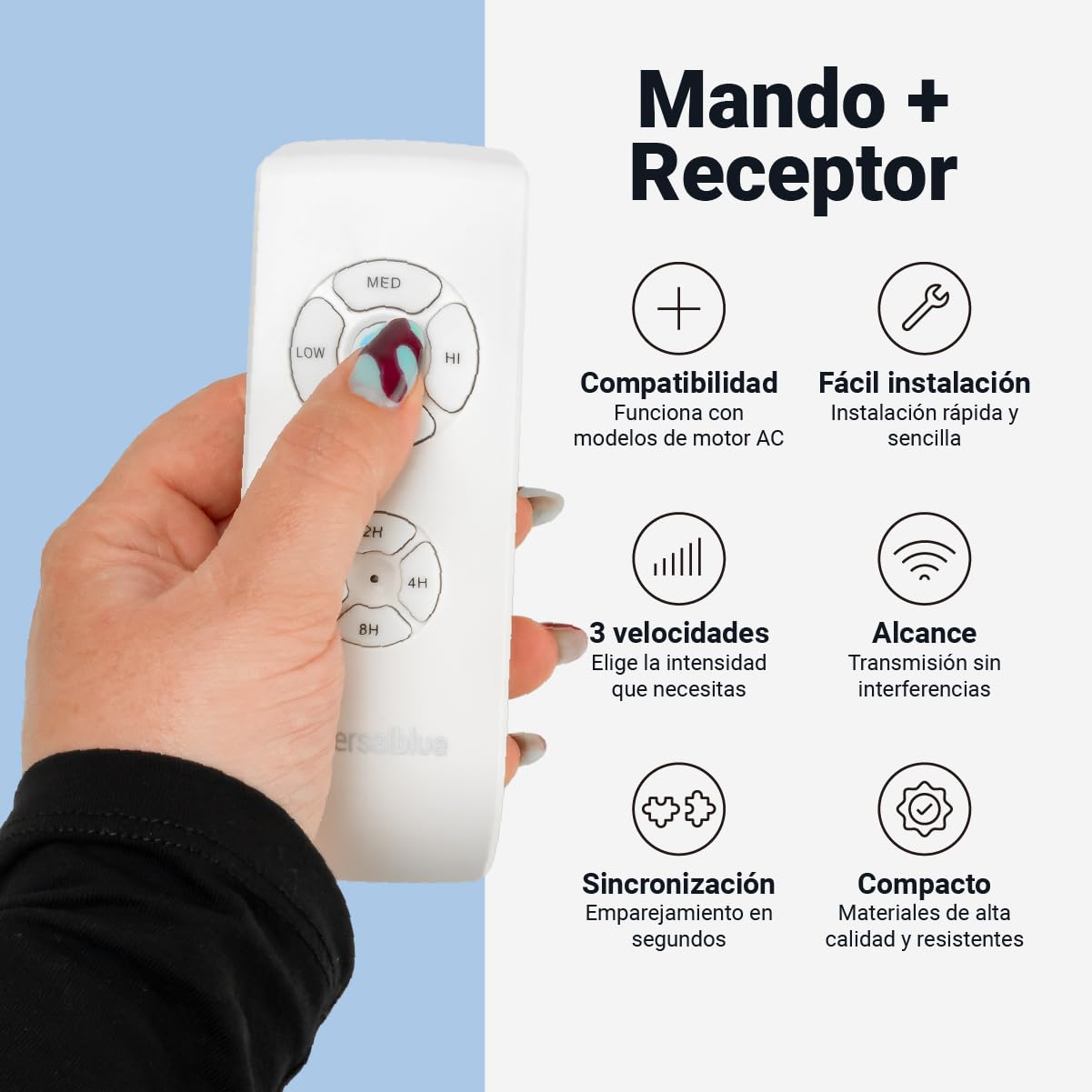 UNIVERSALBLUE Mando a Distancia Universal para Ventilador de Techo con 3 Velocidades | Control Remoto con 4 Temporizadores y Luz - Lámpara | Fácil Instalación (1 SET)