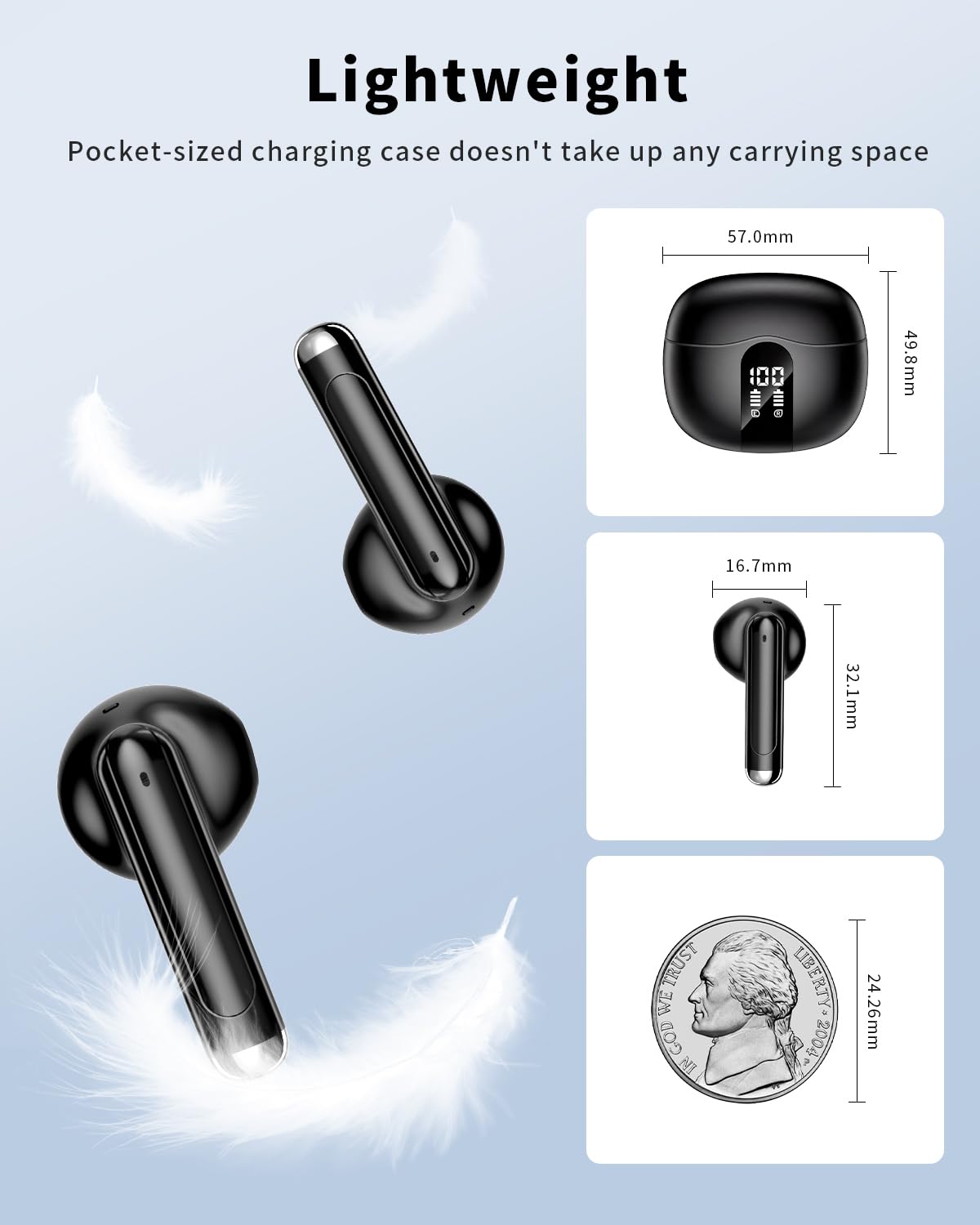 Auriculares inalámbricos, Bluetooth 5.4 2026, auriculares estéreo de graves con micrófono con cancelación de ruido, pantalla LED, auriculares intraurales de 50 horas de reproducción, IP7 impermeables